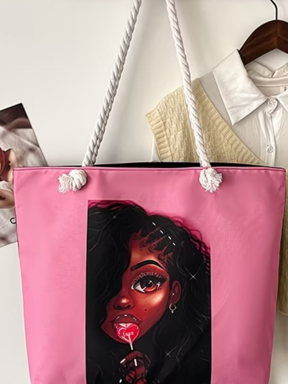 Pink Tote Bag with Illustrated Front Panel and Rope Handles